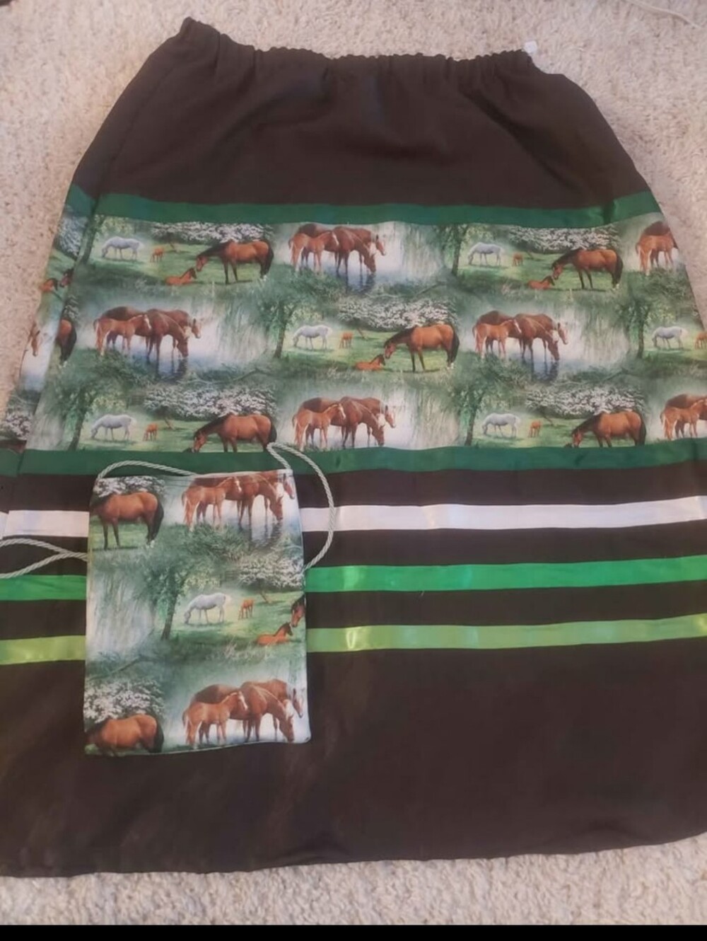 Horse Print Black & Green A-Line Women's Skirt Ribbon Skirt